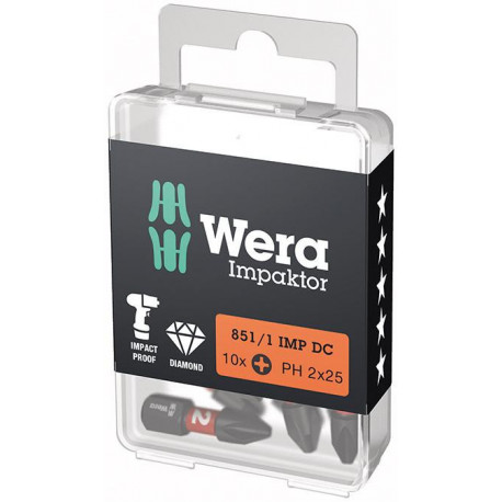 Embout impacteur 1/4 DIN 3126 C6.3 PH2x25mm lot de 10 Wera
