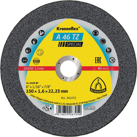 Disque à tronçonner A 46 TZ Special D150x1,6mm ger.INOX perçage 22,23mm KLINGSPOR (Par 25)