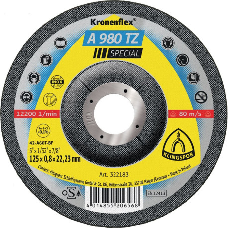 Disque à tronçonner A 980 TZ Special D125x0,8mm courbé INOX perçage 22,23mm KLINGSPOR (Par 25)