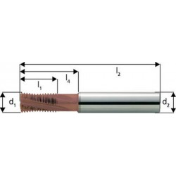 Fraise à fileter GFM en carbure monobloc, arrosage central, revêtement TiCN, Ø d1 : 20 mm, Pas 2,00 mm, Lames de l1 33 mm, Pour Ø filetage : 27 mm