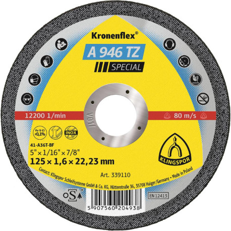 Disque à tronçonner A946TZ 125x1.6mm droit 25 pcs. en boîte plastique KLINGSPOR