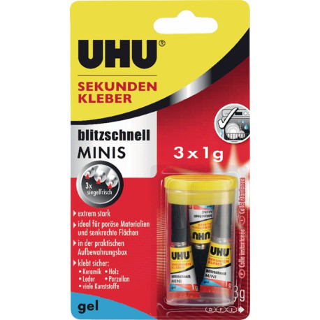 Superglue ultra rapide MINIS Gel 3x 1g tube incolore UHU (Par 10)