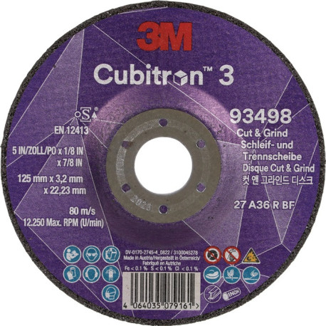 Disque abrasif Cubitron™ 3 Cut and Grind D125xS3,2mm grain 36+ serti Cubitron™ 6 (Par 10)