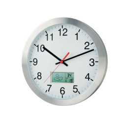 Horloge radio-réveil murale aluminium argent mat 1,5V D.300mm chiffres avec thermo/hygromètre