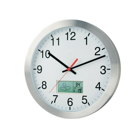 Horloge radio-réveil murale aluminium argent mat 1,5V D.300mm chiffres avec thermo/hygromètre