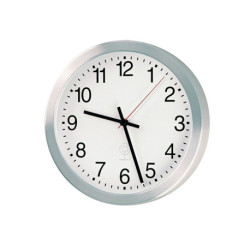 Horloge radio-réveil murale aluminium argent mat D.300mm 1,5V chiffres D.300mm