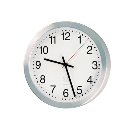 Horloge radio-réveil murale aluminium argent mat D.400mm 1,5V chiffres D.400mm