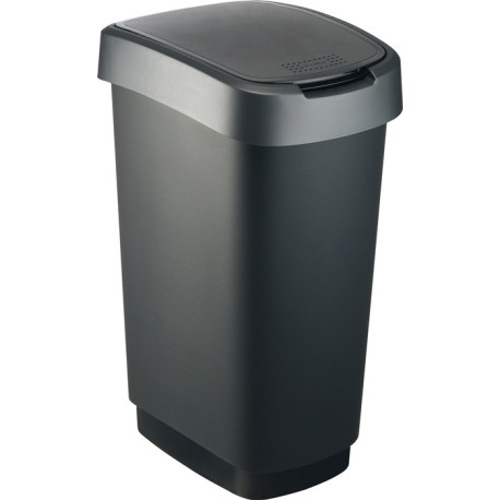 Poubelle de tri TWIST 50l H602xL298xP401mm noir couvercle bord argent foncé ROTHO