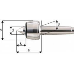 Pointe tournante, Taille : 102, MK 2, a 65,0 mm, b : 45 mm, d : 20 mm, g : 17,780 mm, k : 24,0 mm, Ecart de concentricité maximum : 0,005 mm