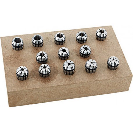 Jeu de pinces de serrage sur socle en bois, Capacité de serrage : 1-10 mm, Pince de serrage type ER16, Contenu 10 éléments