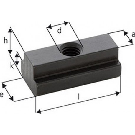 Ecrou pour rainures en T, modèle long, d x rainure en T : M10 x 12, Cote a 11,7 mm, Cote e 18 mm, Cote l : 36 mm, Cote h : 14 mm, Cote k : 7 mm