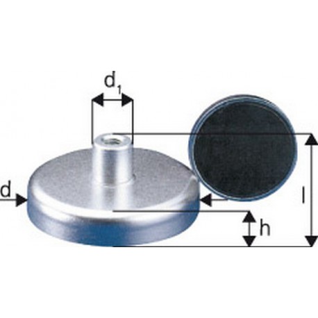 Aimant plat avec manchon taraudé, Ø d : 13 mm, Hauteur totale l 11,5 mm, Hauteur d'aimant h 4,5 mm, Ø de la douille d1 : 6 mm, Filetage : M3