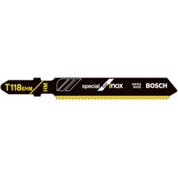Lames de scie sauteuse pour INOX, coupe droite fine, Réf. Bosch : T 118 EHM, Qualité de lame de scie Carbure, Long. totale 83 mm, Pas de dents : 1,4 mm
