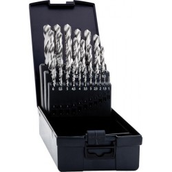 Jeu de forets hélicoïdaux en acier à coupe rapide à 5% de cobalt à queue cylindrique, Ø h8 : 1,0-13,0 mm, Nombre de forets 25 pièce, Pas 0,5 mm