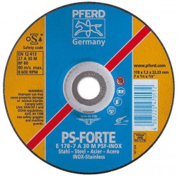 Disque à ébarber PS-FORTE-INOX pour l'usinage de l'acier inoxydable, Ø x Épais. : 115 x 7,2 mm, Modèle Coudé, Vitesse maxi. 13300 tr/mn