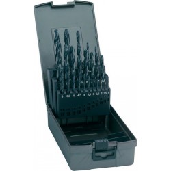 Jeu de forets hélicoïdaux, coffret métallique, en acier à coupe rapide, type N, DIN 338, rectifié, Ø h8 : 1,00-10,50 mm, Nombre de forets 24 pièces
