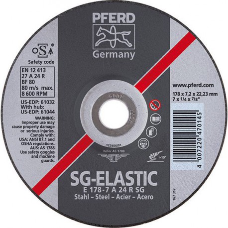 Disque à ébarber SG-ELASTIC pour l'usinage de l'acier, Ø x Épais. : 125 x 7,2 mm, Modèle Coudé, Vitesse maxi. 12200 tr/mn