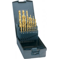 Jeu de forets hélicoïdaux, coffret plastique, acier à coupe rapide, type N, DIN 338, revêtement TiN, Ø h8 : 1,00-5,90 mm, Nombre de forets 50 pièces