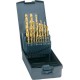 Jeu de forets hélicoïdaux, coffret plastique, acier à coupe rapide, type N, DIN 338, revêtement TiN, Ø h8 : 1,00-10,00 mm, Nombre de forets 19 pièces