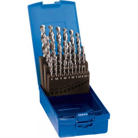 Jeu de forets hélicoïdaux, coffret plastique, en acier à coupe rapide à 5 % de cobalt, type Ti, DIN 338, surface sans revêtement, Ø h8 : 1,00-10,50 mm
