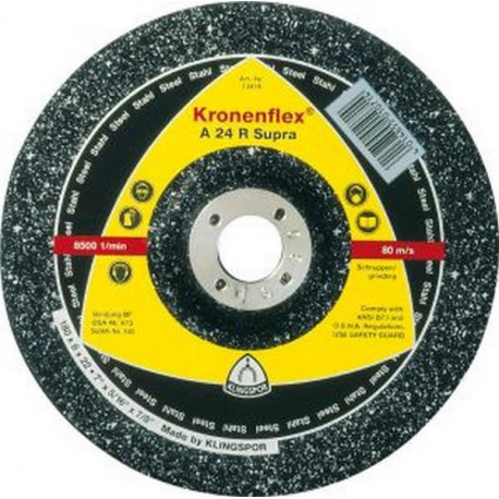 Disque à ébarber A 24 R Supra pour l'usinage de l'acier, Ø x Épais. : 180 x 8,0 mm, Modèle Coudé, Vitesse maxi. 8500 tr/mn