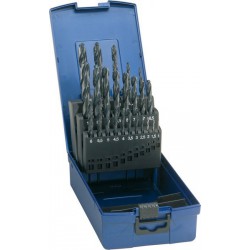 Jeu de forets hélicoïdaux, coffret plastique, en acier à coupe rapide, type N, DIN 338, rectifié, Ø h8 : 1,00-10,00 mm, Nombre de forets 19 pièces