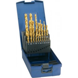 Jeu de forets hélicoïdaux, coffret plastique, acier à coupe rapide, type N, DIN 338, revêtement TiN, Ø h8 : 1,00-5,90 mm, Nombre de forets 50 pièces