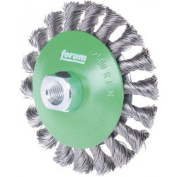 Brosse conique, fil d'acier inoxydable, torsadé, Ø de la brosse : 115 mm, Epaisseur du fil 0,35 mm, Larg. : de travail 15 mm, Vitesse maxi. : 12500 tr/mn