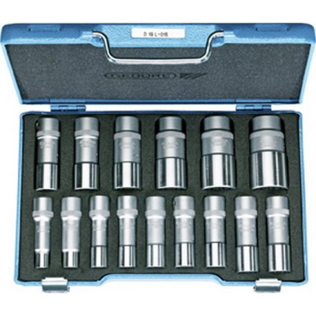 Composition de douilles 1/2'', modèle long, 15 pièces, Contenu : 10 12 13 14 15 16 17 18 19 21 22 24 27 30 32 mm