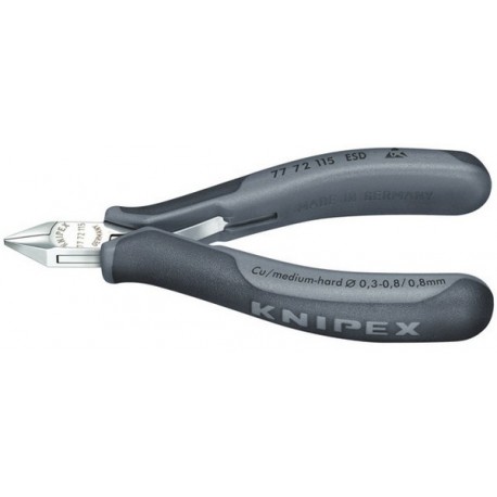 Pince coupante latérale d'électronicien ESD, Modèle avec petite biseau, mini-tête pointue, Long. 115 mm, Capacité de coupe du Ø du fil souple 0,3-0,8 mm