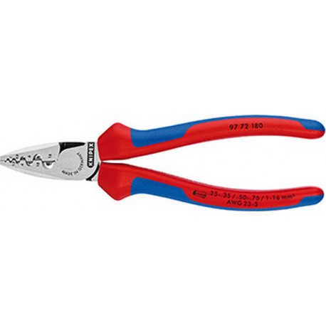 Pince à sertir les cosses, tête chromée, acier à outils spécial, Long. : 180 mm, Section du conducteur 0,25-16 mm²