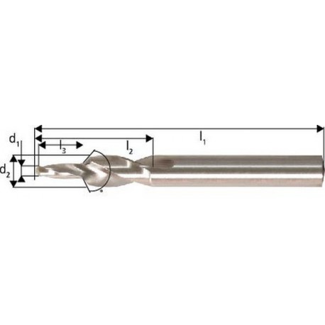 Foret étagé pour trous débouchants, queue cylindrique 90° DULO, filetage M3, foret h8 (d1) x fraise h6 (d2) 3,2 x 6,0 mm