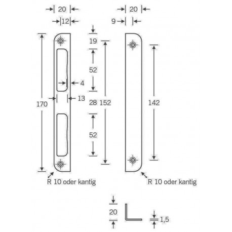 Gâche serrure .Alu.argenté B20xL170mm rd.T.8mm DIN Gauche/Droite SSF