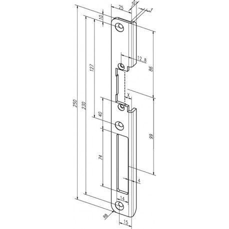 Gâche serrure .63 B VA B.25mm L.250mm carré DIN Gauche ASSA ABLOY