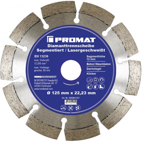 Disque à tronçonner diamant D. 115 mm perçage 22, 23 mm soudé au laser 12 mm PROMAT