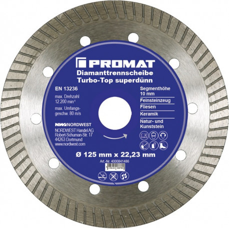 Disque à tronçonner diamant D. 125 mm perçage 22,23 mm super mince 10 mm