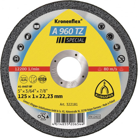 Disque à tronçonner A 960 TZ Special D115x1 mm droit INOX perçage 22,23 mm KLINGSPOR (Par 25)