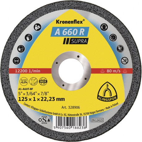 Disque à tronçonner A 660 R Supra D115x1 mm droit INOX perçage 22,23 mm KLINGSPOR (Par 25)