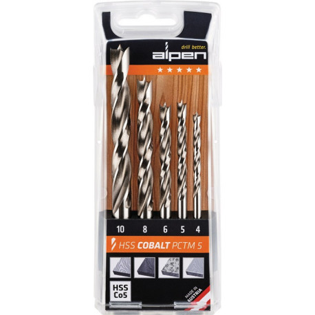 Jeu de forets bois PCTM 5 pièces D. 4, 5, 6, 8, 10 mm HSS-Co5 ALPEN