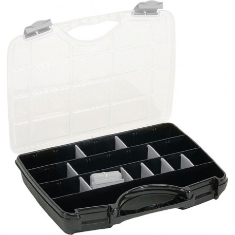 Mallette de rangement l.312xP238xH51 mm maxi. 25 comp. 21 cloisons sép. libres transparent noir RAACO