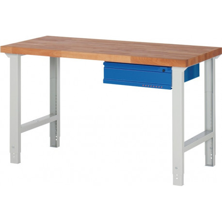Établi série BK 650 l.1500xP700xH790-1140 mm hêtre massif gris clair, RAL 7035 bleu gent.,RAL 5010 1 tiroir PROMAT