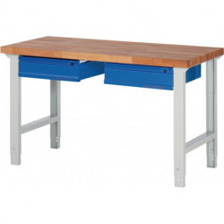 Établi série BK 650 l.1500xP700xH790-1140 mm hêtre massif gris clair, RAL 7035 bleu gent.,RAL 5010 2 tiroirs PROMAT