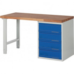 Établi série BK 650 l.1500xP700xH840 mm hêtre massif gris clair, RAL 7035 bleu gent.,RAL 5010 4 tiroirs PROMAT