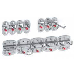 Assortiment de porte-outils 12 pièces revêtu plastique pour panneaux perforés 9 crochets divers/3 crochets doubles