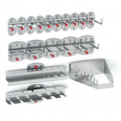 Assortiment de porte-outils 18 pièces revêtu plastique pour panneaux perforés 7 croch./3 croch. doubles/3 supp. div div.support
