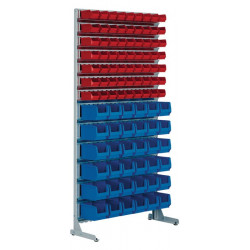 Rayonnage sur pieds un côté H2010xl1010xP400 mm 63 x MK5 rouge, 36 x MK4 bleu gris clair, RAL 7035