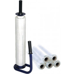 Set de films étirables standard L300 m x l.450 mm 20 Âµm transparent avec 1 dérouleur et 6 rouleaux