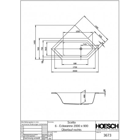 Baignoire 6 angles Hoesch SCELTA 2000x900x480mm ÜL droite blanc