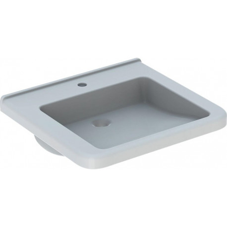 Lavabo Geberit Renova Comfort Square, adapté PMR, 60x55cm, troude robinetterie au centre, sans trop-plein, Blanc