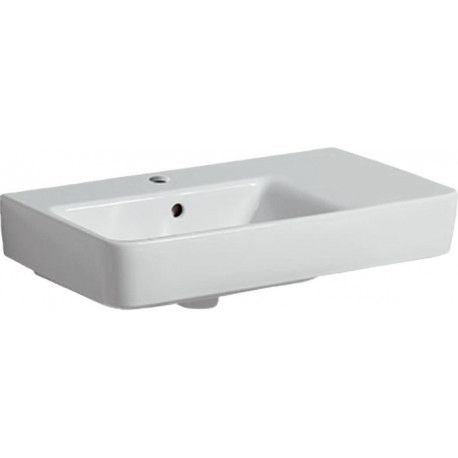 Lavabo Geberit Renova Compactavec plage de dépose, 65x37cm, troude robinetterie au centre, plage de dépose à droite, Blanc